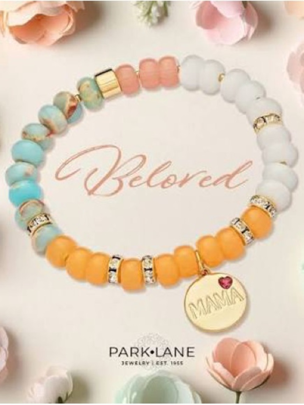 Park Lane Womens Mother’s Day “Beloved Mama” Beaded Bracelet Gold Charm Stretch